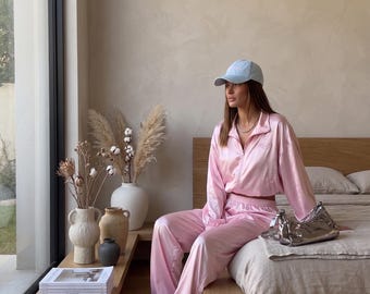 Women's Glossy Satin Matching Set | Casual Loose-Fit Long-Sleeve Jacket + Elastic-Waist Trousers | Stylish Athleisure Tracksuit