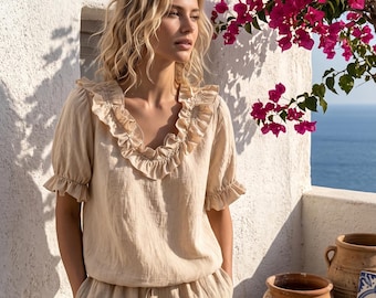 Boho-damesshirt in pastorale stijl: V-hals met ruches, korte mouw, casual alledaagse kleding