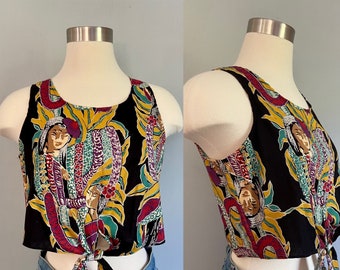 1980's Vintage "On Island Time" Hilo Hattie Hawaiian Print Crop Top