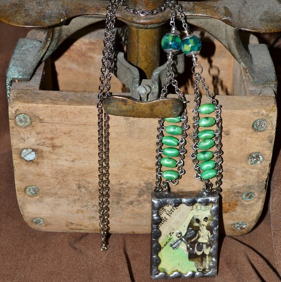 OOAK jewelry Stained Glass jewelry Long rosary chain Romantic necklace Vintage jewelry Soldered crystal prism pendant