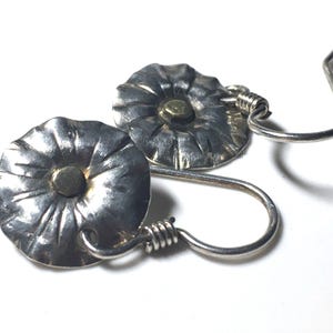 Silver rustic earrings, Argentium silver earrings with a brass button