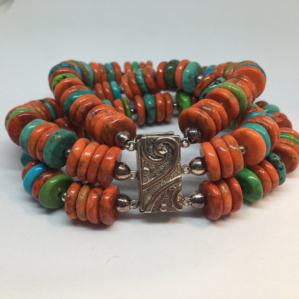 Vintage orange coral and turquoise sterling silver magnetic bracelet