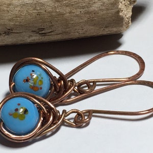 Simple copper earrings, copper wire wrapped earrings with 1950s Blue Turquoise Japanese glass, simple glass earrings, blue earrings