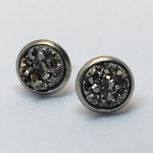Metallic gray druzy cabochon earrings, round black or dark grayish earrings, prom earrings