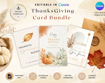Editable Thanksgiving Card Bundle | Canva Template | Printable Fall Greeting Card | Friendsgiving | Instant Download