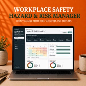 Pode incluir: Um computador portátil exibindo um painel de gerenciamento de riscos e perigos de segurança no trabalho com uma matriz de risco, gráficos de status e listas. A tela mostra Hazard & Risk Overview e Hazard status.