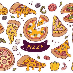 Pode incluir: Ilustração de pizzas e fatias de pizza com várias coberturas, incluindo pepperoni, cogumelos e vegetais. A palavra "PIZZA" está escrita em uma faixa. Queijo, azeitonas e outros ingredientes também são mostrados.