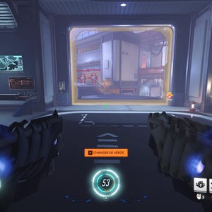May include: First-person view of a video game interface. The player's hands hold futuristic weapons, with a health bar and other game information displayed. The environment is a futuristic interior with a screen showing a battle scene.