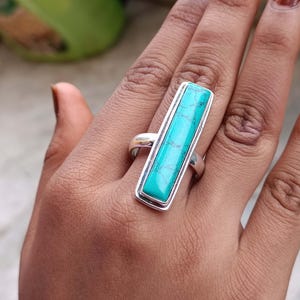 Turquoise Bar Ring, Sterling Silver Statement Ring, Rectangular Turquoise Ring, Minimalist Boho Ring, Handmade Gemstone Jewelry