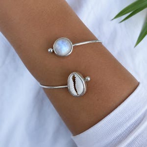 Rainbow Moonstone & Cowrie Shell Cuff Bracelet, Sterling Silver Open Bangle, Handmade Adjustable Beach Bracelet, Boho Moonstone Jewelry