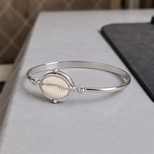 Sterling Silver Seashell Bangle Bracelet, Coastal Cuff, Minimalist Beach Jewelry