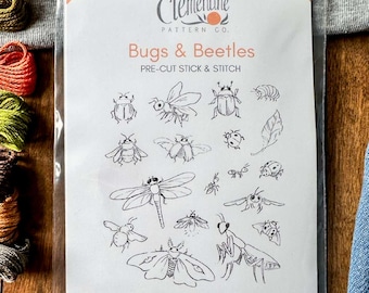 Bugs & Beetles Stick and Stitch Embroidery Designs, Pre-Cut Water Soluble Stabilizer, 18 patterns. Insects
