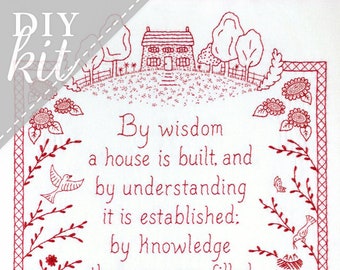 By Wisdom a House is Built - Proverbs Embroidery KIT in Redwork - Wedding Housewarming Gift