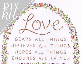 Love Never Ends Embroidery KIT - Wedding Anniversary Gift - Bible Verse from I Corinthians