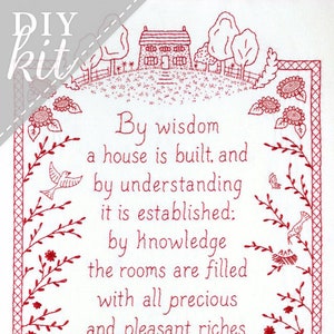 By Wisdom a House is Built - Proverbs Embroidery KIT in Redwork - Wedding Housewarming Gift