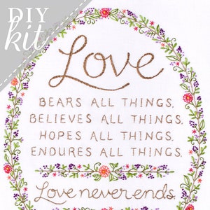 Love Never Ends Embroidery KIT - Wedding Anniversary Gift - Bible Verse from I Corinthians