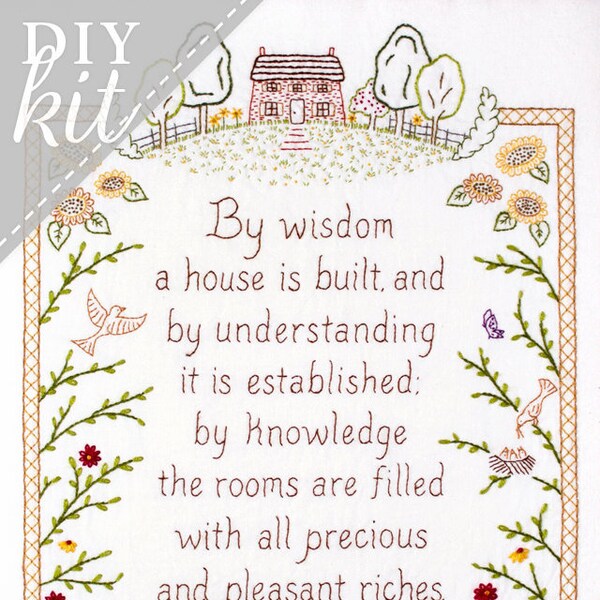 «Con sabiduría se edifica la casa» - Kit de bordado de Proverbios a color - Regalo ideal para bodas o inauguración de casa