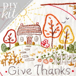 Give Thanks Autumn Complete Embroidery KIT Thanksgiving image 1