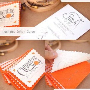 May include: A set of orange felt squares with white scalloped edges and a white label that says "Clementine Pattern Co."  The label has a small orange illustration of a clementine.  The felt squares are stacked on top of each other.  A wooden embroidery hoop is in the background.