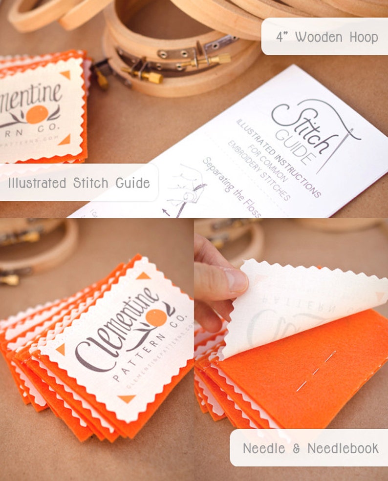 May include: A set of orange felt squares with white scalloped edges and a white label that says "Clementine Pattern Co."  The label has a small orange illustration of a clementine.  The felt squares are stacked on top of each other.  A wooden embroidery hoop is in the background.