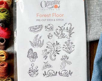Forest Floor Stick and Stitch Embroidery Designs, 12 Pre-Cut Designs. Peel and Stick Water-Soluble Stabilizer, Mushrooms Leaves Nature