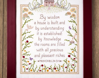 By Wisdom a House is Built - Proverbs Embroidery Pattern in Color - Wedding Housewarming Gift