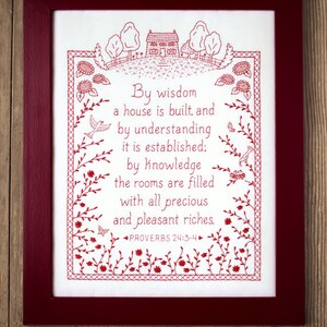 By Wisdom a House is Built - Proverbs Embroidery Pattern in Redwork - Wedding Housewarming Gift