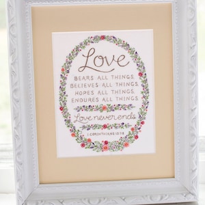 Love Never Ends Embroidery Pattern - Wedding Anniversary Gift - Bible Verse from I Corinthians