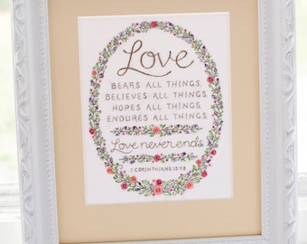 Love Never Ends Embroidery Pattern - Wedding Anniversary Gift - Bible Verse from I Corinthians