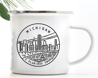 Michigan Campfire Mug Coffee Cup, State Mug Lake House Gift with Stainless Steel Rim