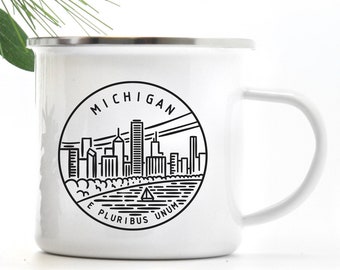 Taza de Michigan con horizonte de Detroit, taza de café con borde de acero inoxidable