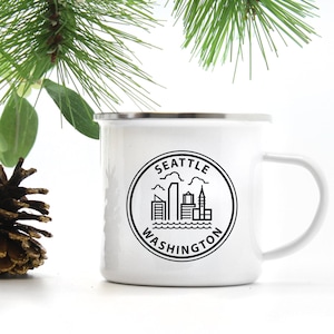 Seattle Mug Camping Gift, Enamel Coffee Cup with Stainless Steel Rim