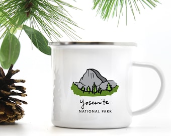 May include: White enamel camping mug with a black and white illustration of Half Dome in Yosemite National Park. The text "Yosemite National Park" is printed below the illustration.