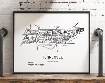 Poster con mappa del Tennessee, stampa artistica da parete rustica