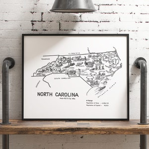 Póster estatal con impresión de mapa de Carolina del Norte, arte mural de los años 50, regalo de viaje