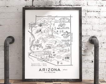 Arizona Map State Wall Art, Vintage Style Arizona Print Travel Decor