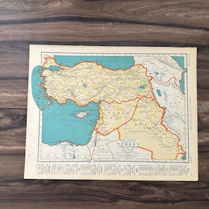 Antique Turkey Map Atlas Page from 1930s, with Iraq Syria Lebanon