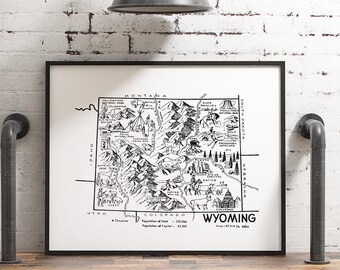 Wyoming Map Art Print Travel Gift, Black and White State Poster