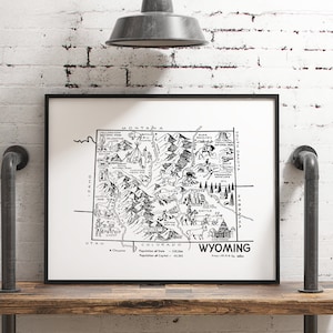 Impression d'art de la carte du Wyoming, cadeau de voyage, noir et blanc Poster