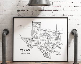 Texas Map State Wall Art Print, Vintage Poster Kids Decor