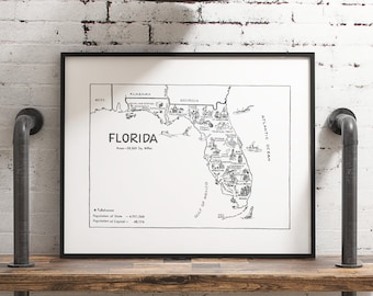 Vintage Florida Map Print, State Wall Art, Black and White Florida Decor