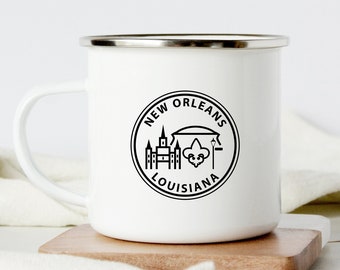New Orleans Mug Enamel Coffee Cup, City Skyline Personalized Louisiana Gift