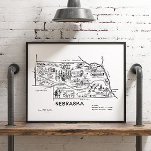 Impresión vintage del mapa de Nebraska, decoración del estado en blanco y negro