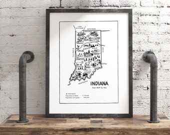 Poster vintage dello stato d'arte della mappa dell'Indiana, stampa del soggiorno rustico