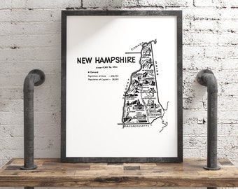 New Hampshire Map Print, Rustic State Wall Decor