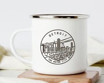 Detroit Michigan Mug Coffee Cup, Enamel Camp Mug Cottage Gift