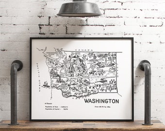 Vintage Washington State Map Poster, Washington Wall Art Travel Gift