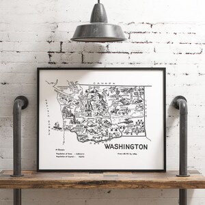 Affiche vintage de carte de l'État de Washington, cadeau de voyage d'art mural Washington