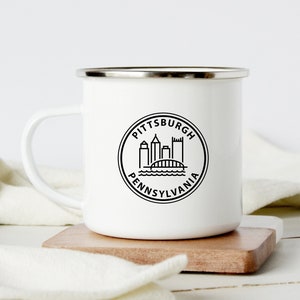 Pittsburgh Mug with City Skyline, Enamel Coffee Cup Camping Gift