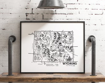 Wyoming Map Art Print Travel Gift, Black and White Wyoming State Poster